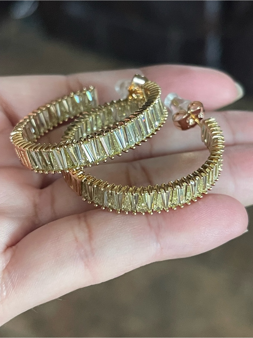 Gold Hoop Earrings with Green Baguette Stones